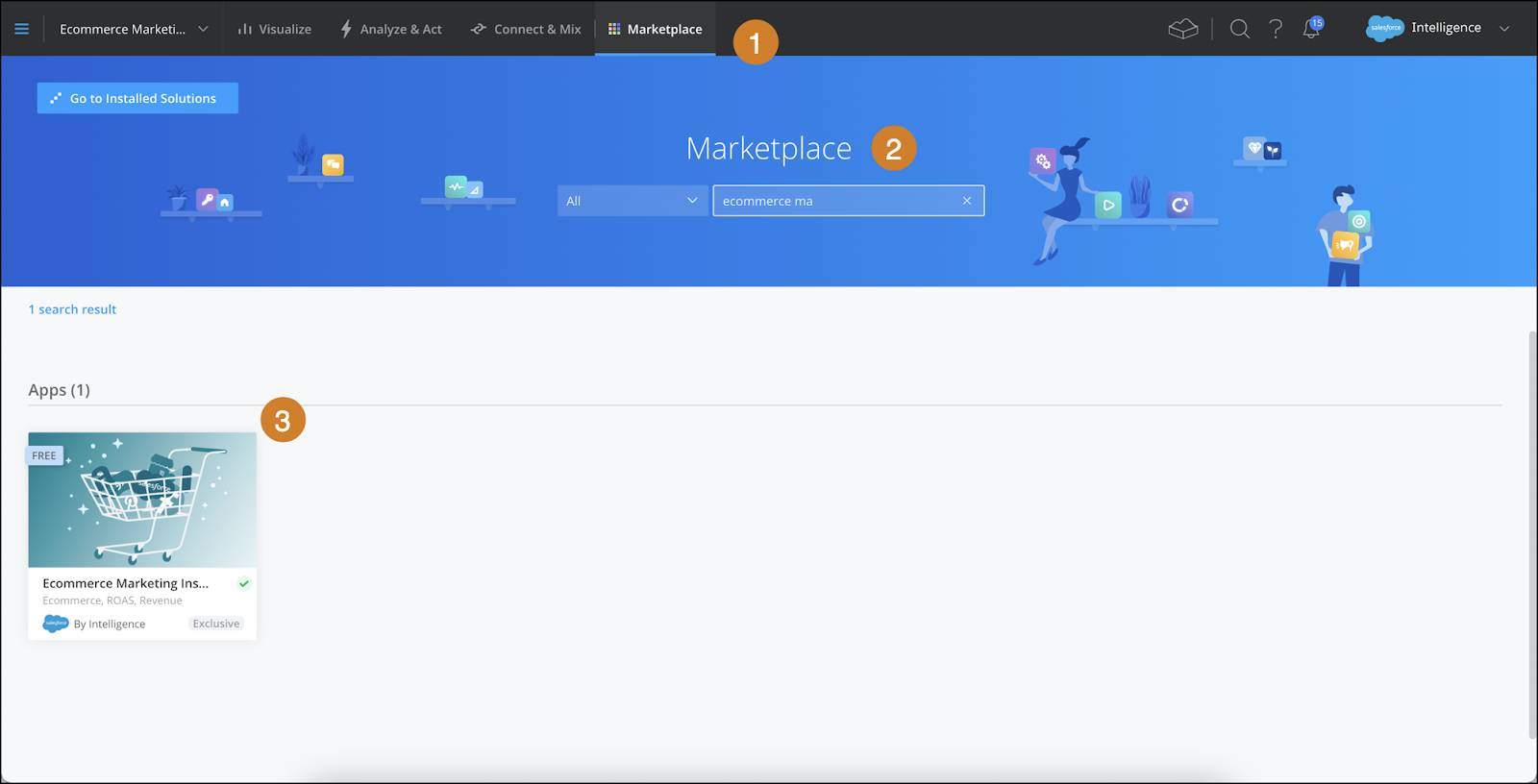 Ecommerce Marketing Insights アプリが表示されているマーケットプレイスのメイン画面