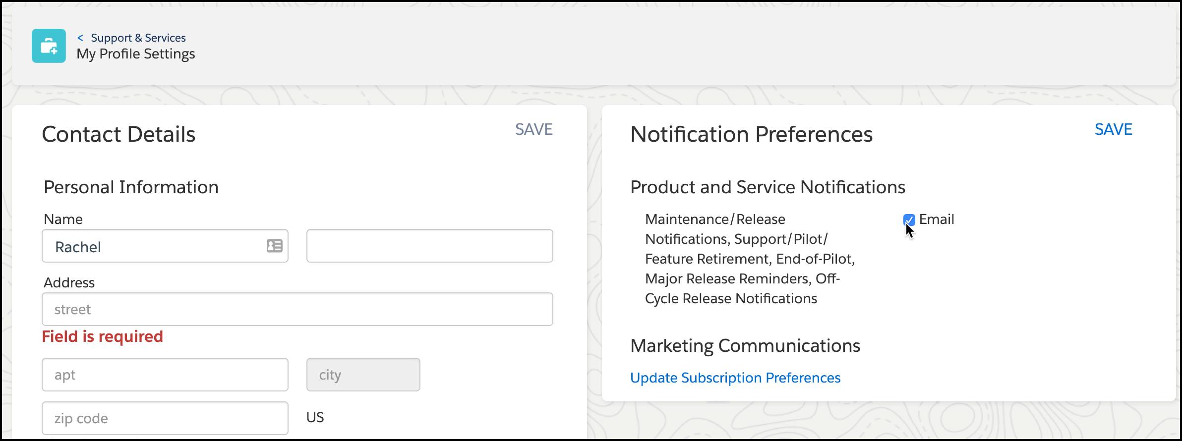 Página de preferencias de notificación y detalles de contacto con el equipo de asistencia.