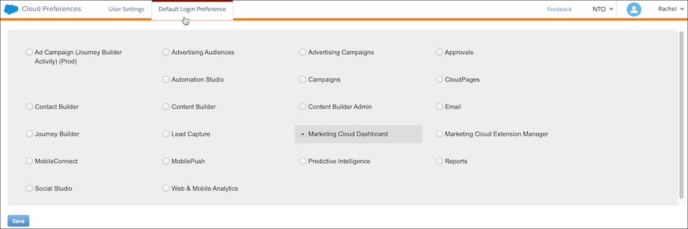 Cloud Preferences, Default Login Preference tab with Marketing Cloud Engagement Dashboard selected.