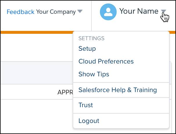 Your Name dropdown menu selected in Marketing Cloud Engagement.