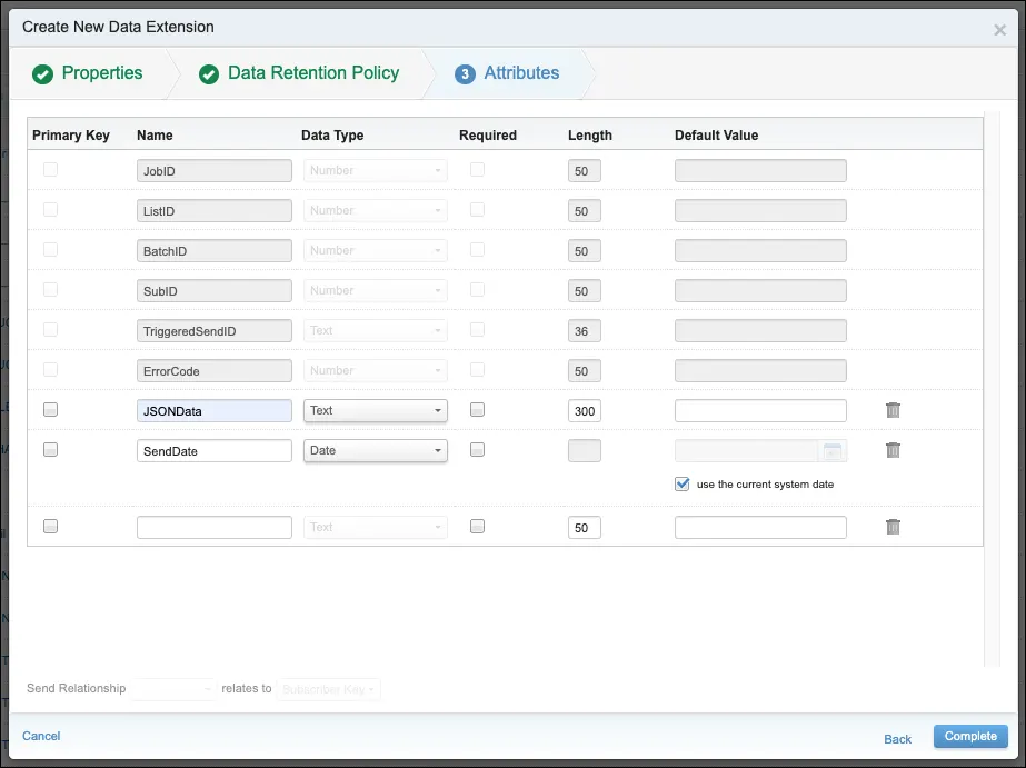 Send logging data extension attributes