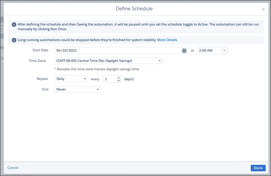 Scheduling an automation with Start Date, Time, Time Zone, Repeat, and End fields.