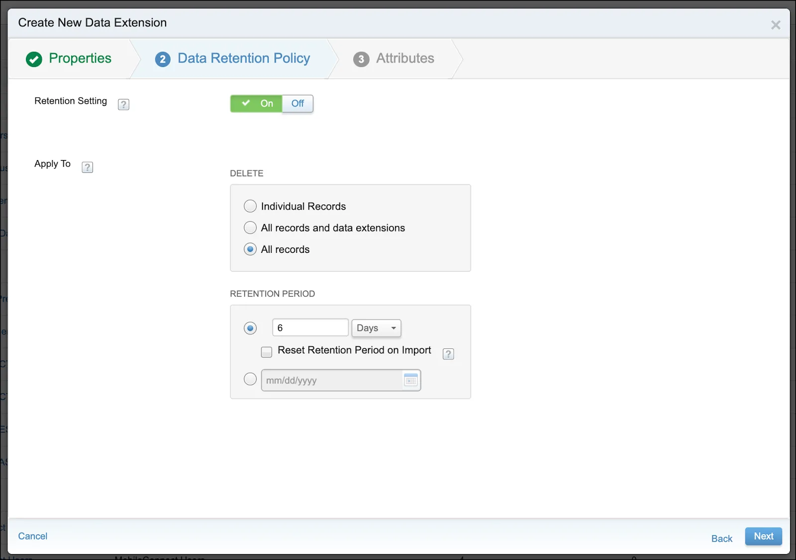 Data retention policy screen with Retention Setting on for All records and the retention period set to 6 days