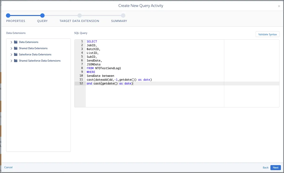 Create New Query Activity screen