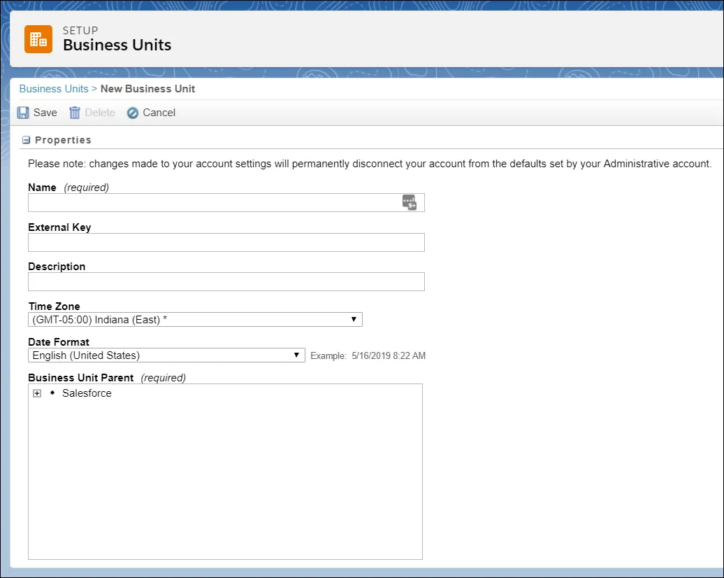 Create Business Unit interface.