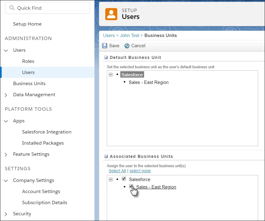 The Manage Business Unit interface with mouse cursor selecting a business unit to assign a user to it.