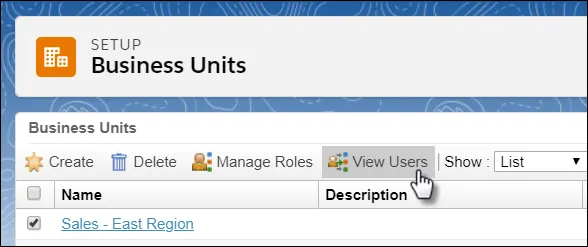 The Setup interface for business units with a business unit selected and the mouse cursor clicking on View Users.