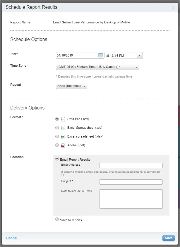 The interface for scheduling report results.