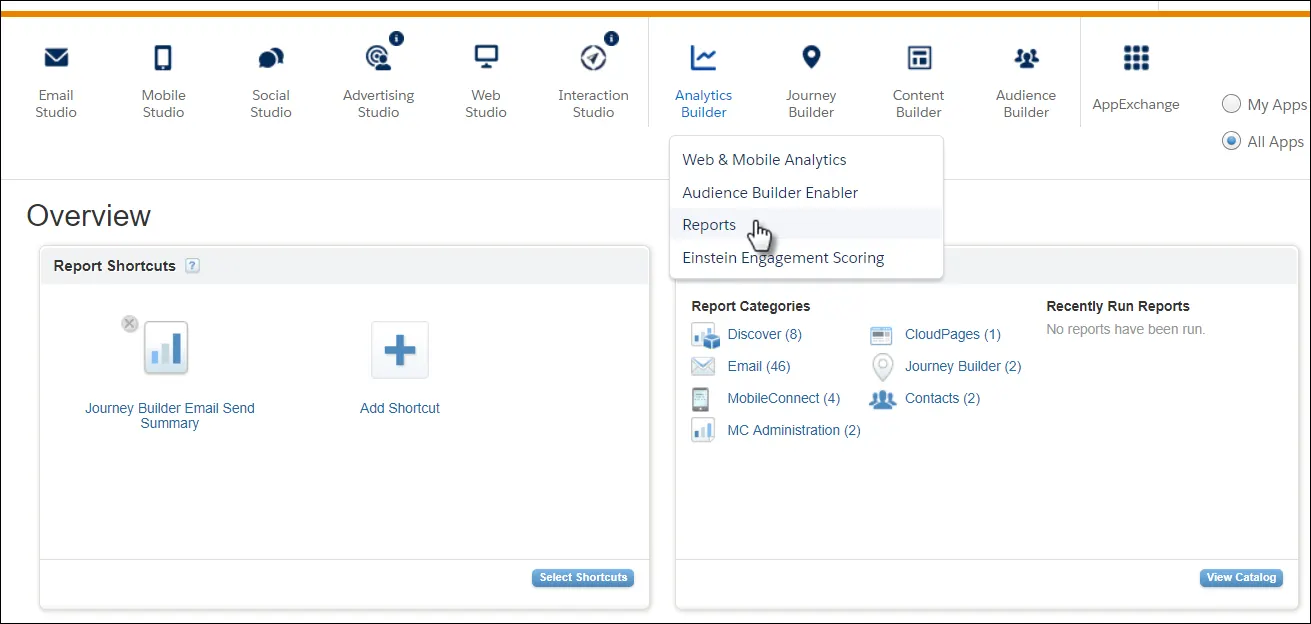 The Marketing Cloud Engagement navigation menu with a mouse cursor selecting Reports under Analytics Builder.