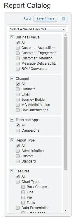 The list of filters available in the Report Catalog.