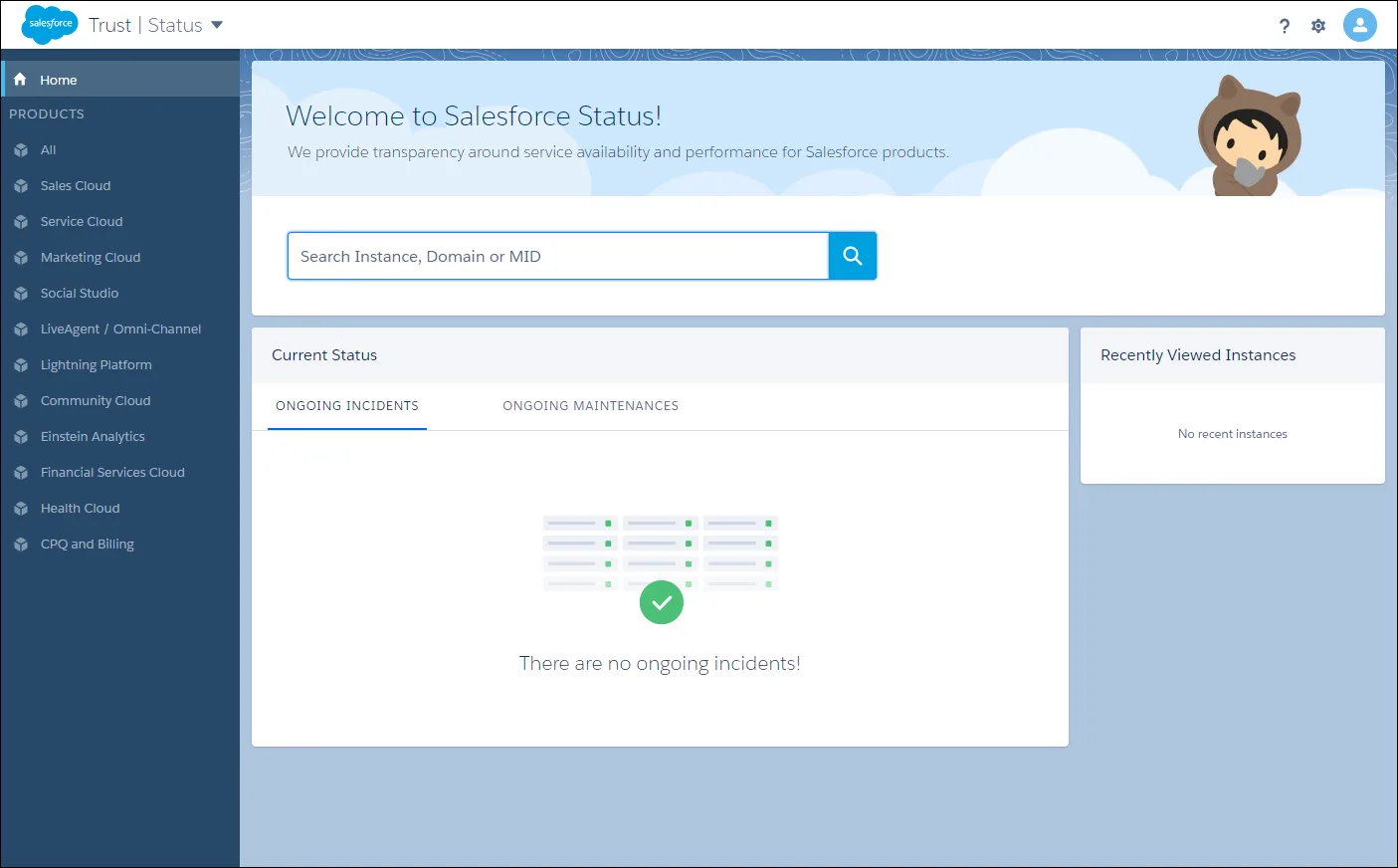 The Status page of the Salesforce Trust site.