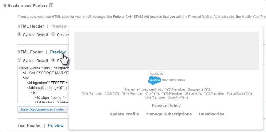 The Headers and Footer settings section with the mouse cursor on Preview and a preview window displaying.