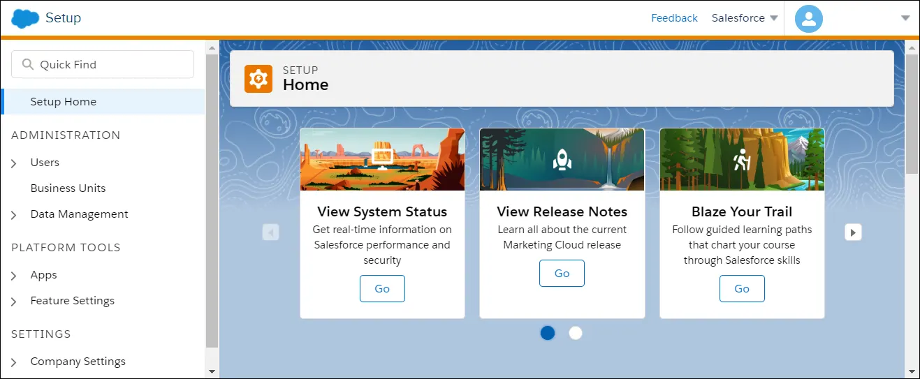 The Setup Home interface in Marketing Cloud Engagement.