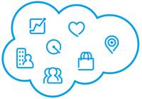 Salesforce icons. From top-left: Sales Cloud, Quip, Service Cloud, Marketing Cloud Engagement, Commerce Cloud, Community Cloud, and Industries.