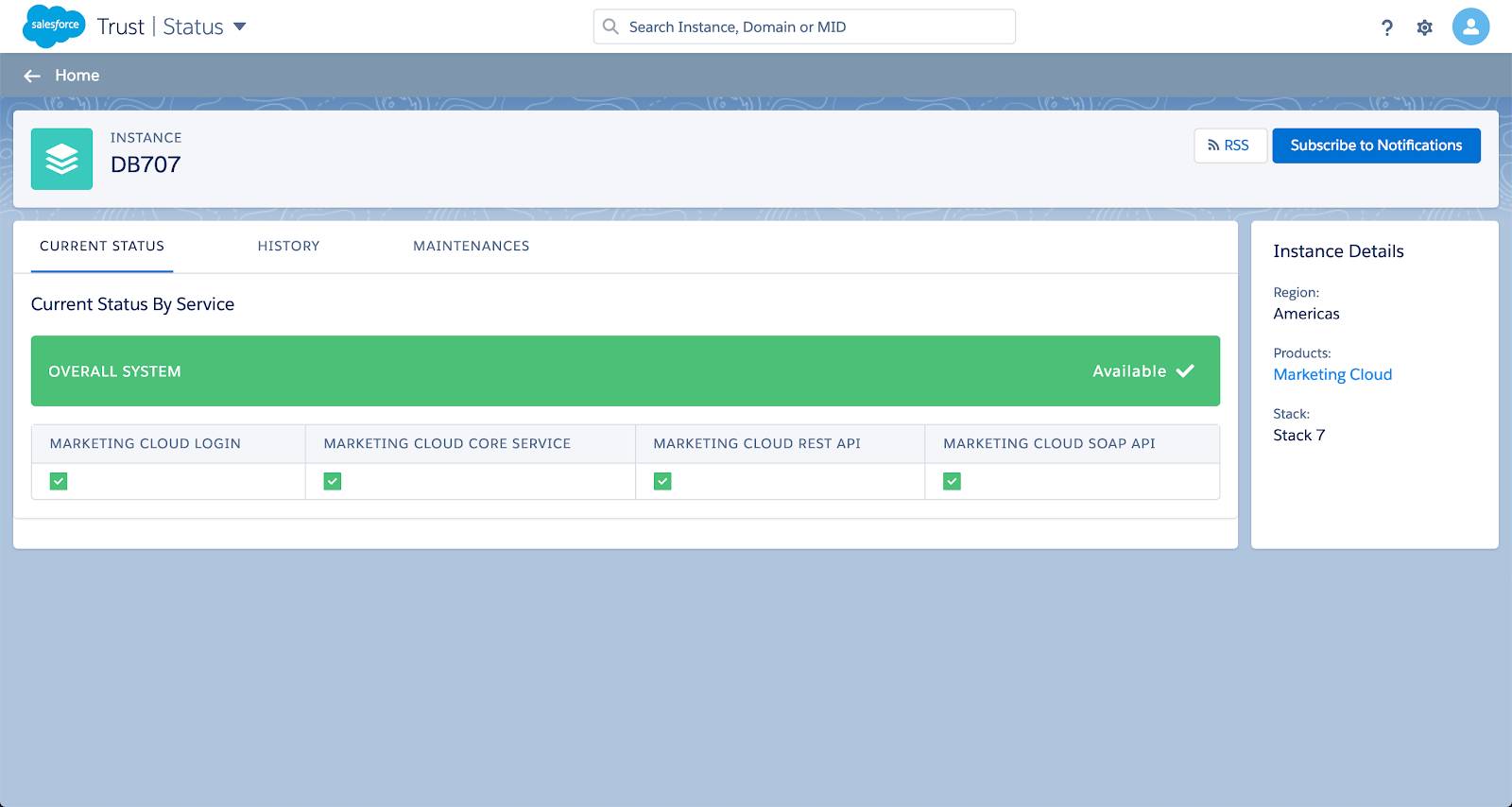 The Current Status page for DB707 displaying the Content Status by Service view.