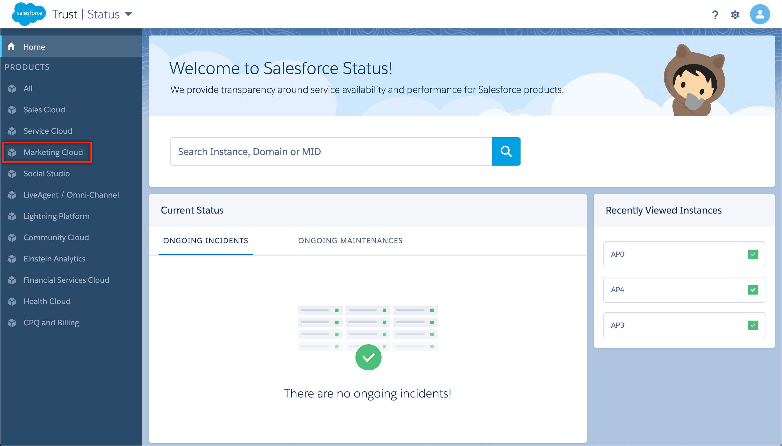 The Salesforce Status page with Marketing Cloud highlighted.