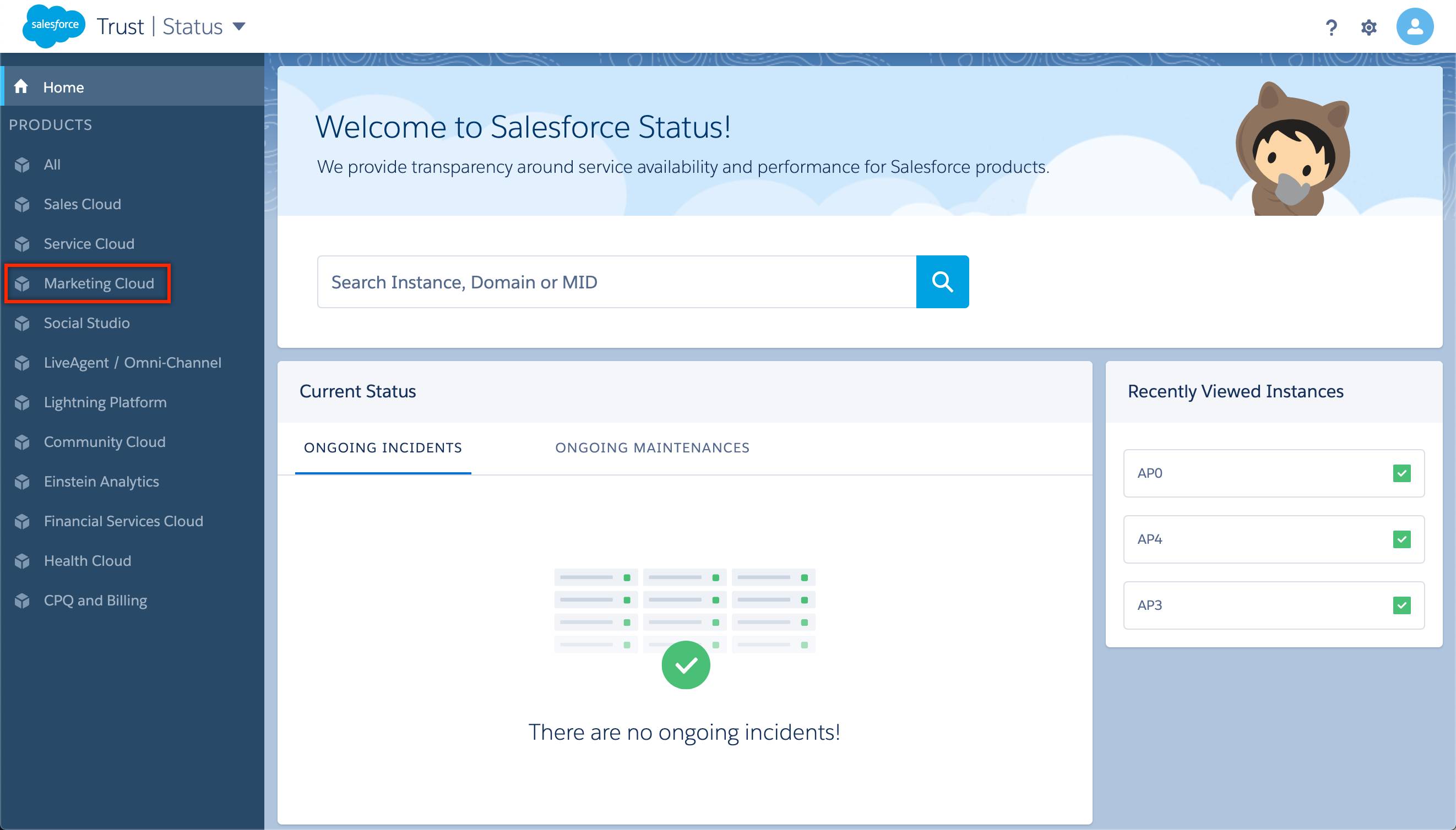 La página de estado de Salesforce con Marketing Cloud Engagement resaltado.