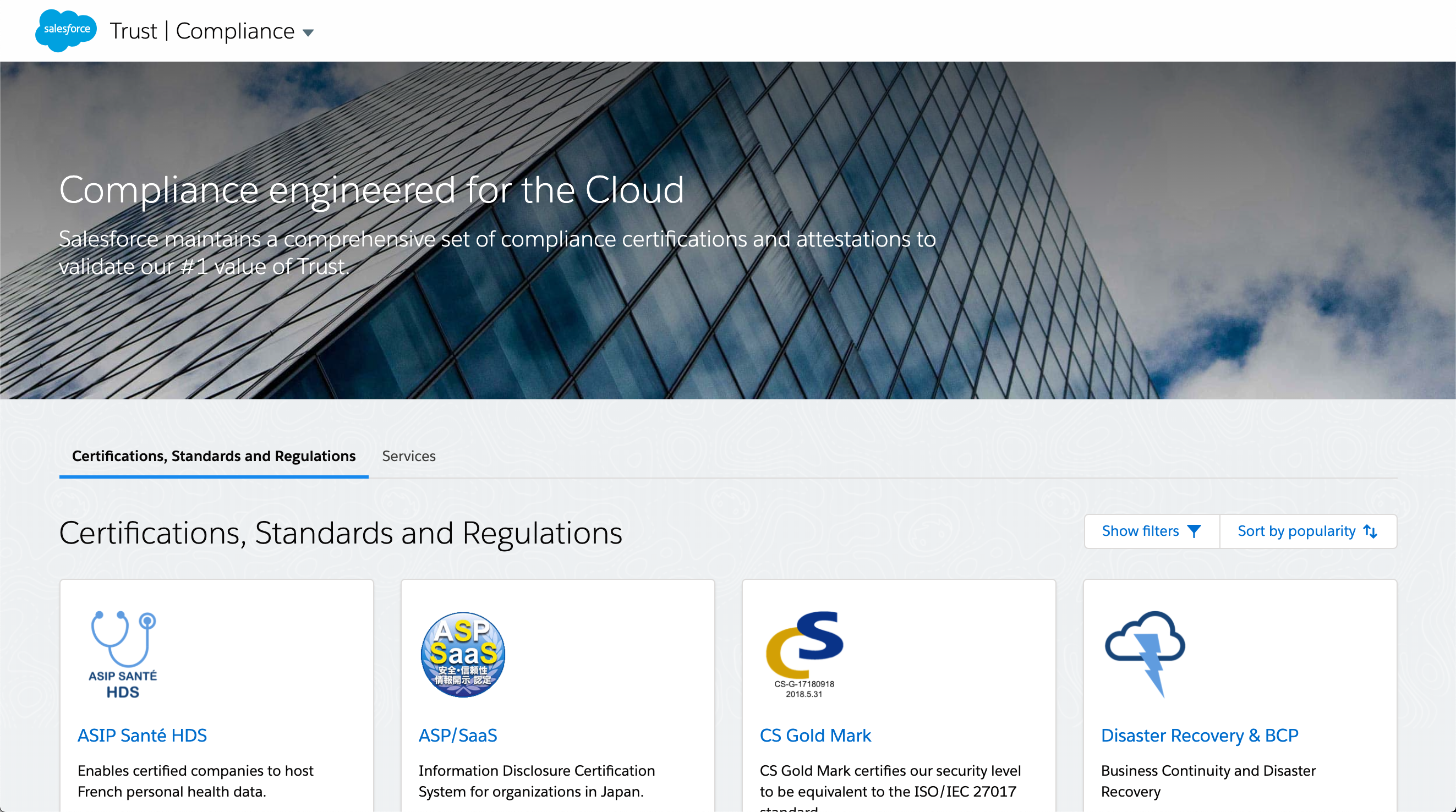 The Compliance page on the Salesforce Trust site.