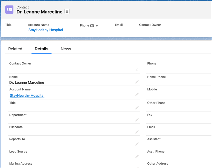 The Details tab of contact Leanne Marceline.