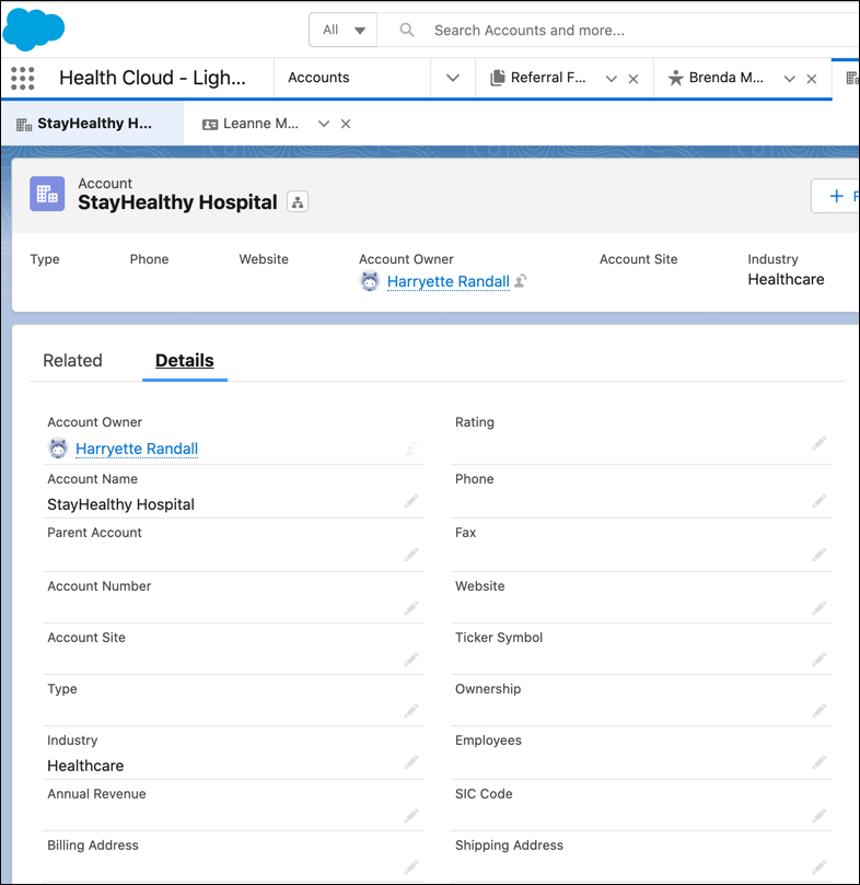 The Details tab of the account StayHealthy Hospital.