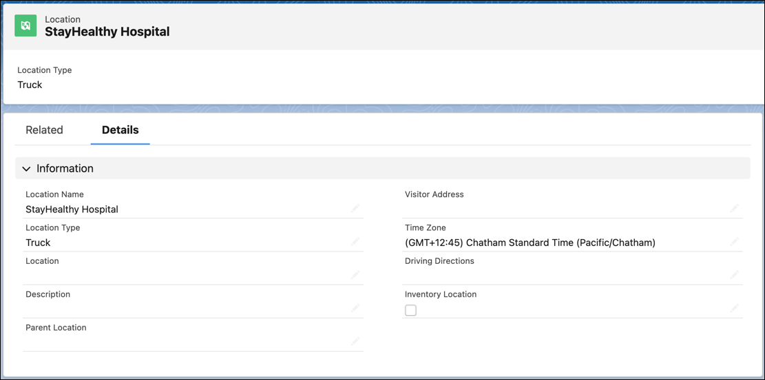 The Details tab of account location StayHealthy Hospital.