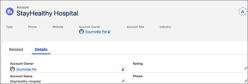 The Details tab of the account StayHealthy Hospital.