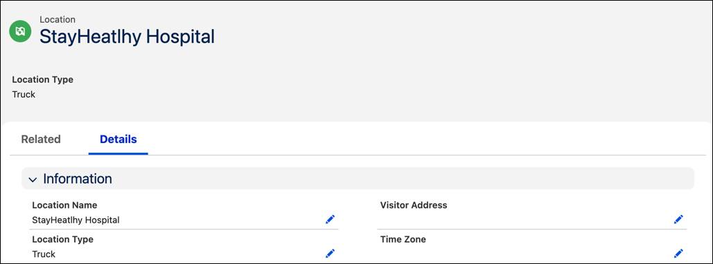 The Details tab of account location StayHealthy Hospital.