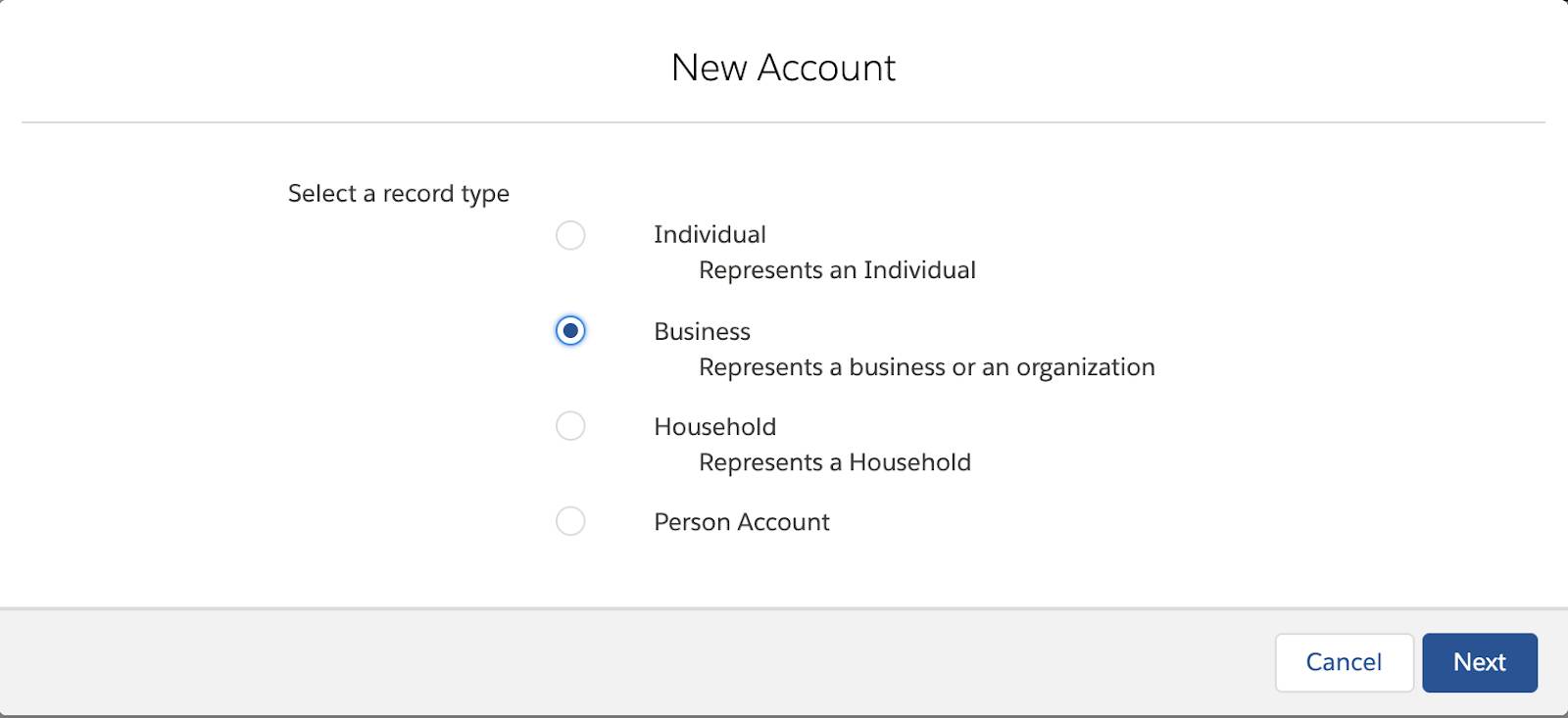 The New Account window showing the options to create a new account record.
