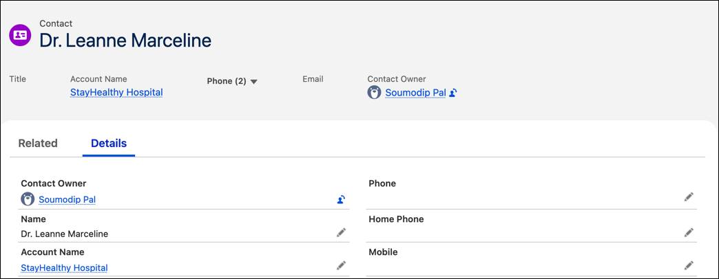 The Details tab of contact Leanne Marceline.