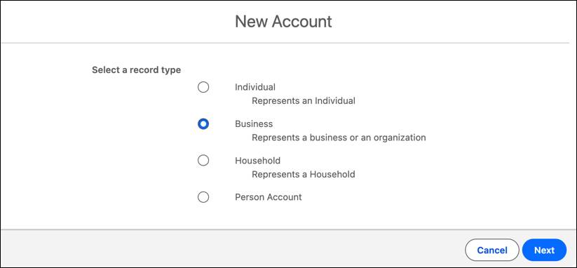 The New Account window showing the options to create a new account record.