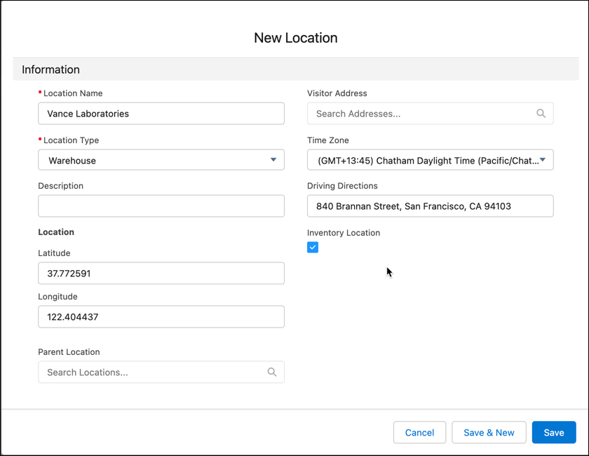 The New Location page showing key details of Vance Laboratories.