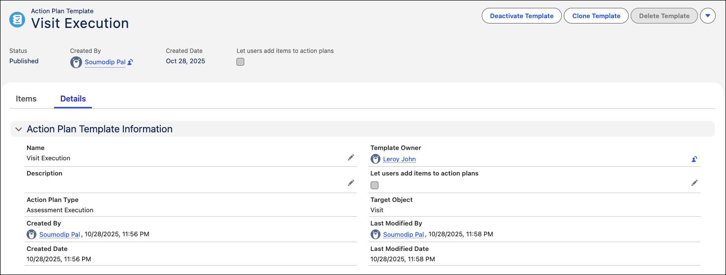 The Action Plan Template page showing template information and the associated task flow for a surgical visit.
