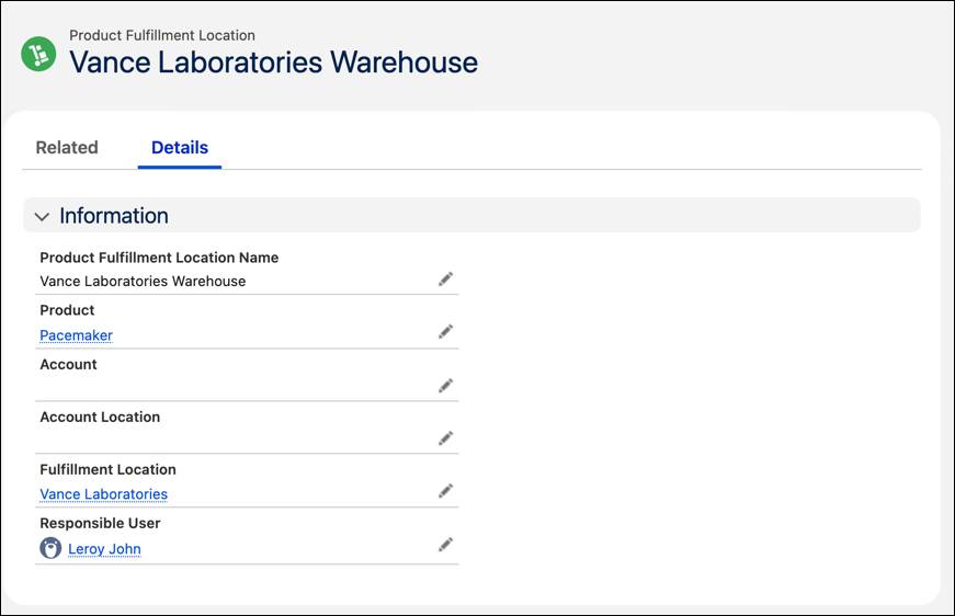 The New Product Fulfillment Location page showing details of the product fulfillment location entered.