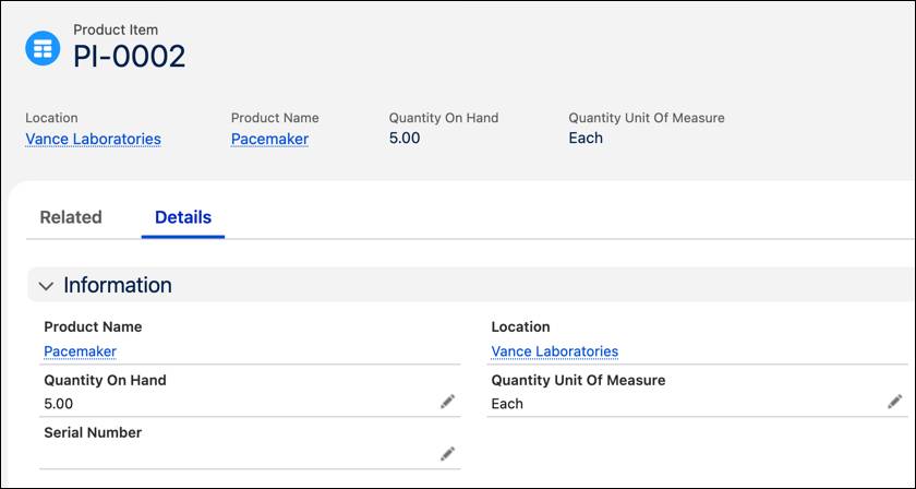 The Product Item page showing the Details tab.