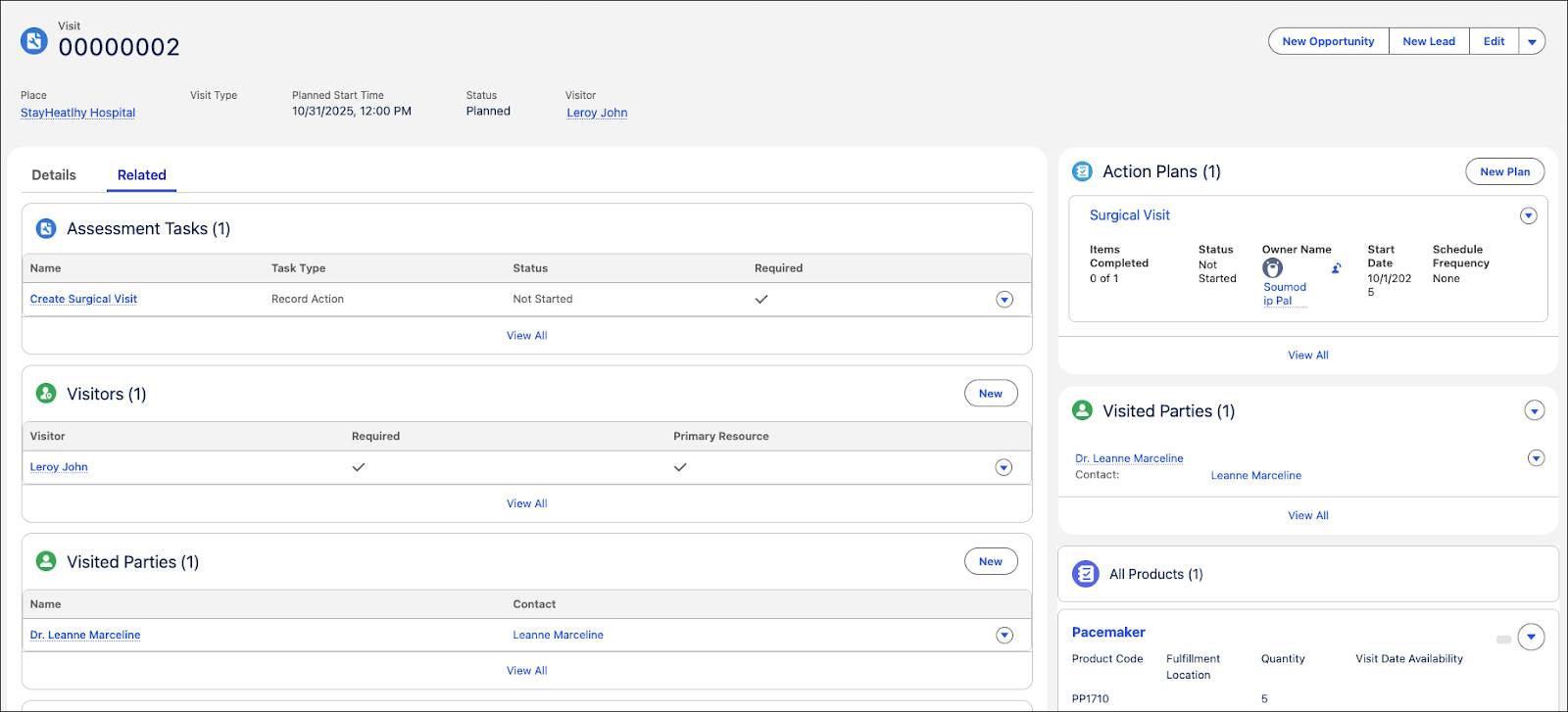 The Visit record page with associated action plans, visited parties, and products required.