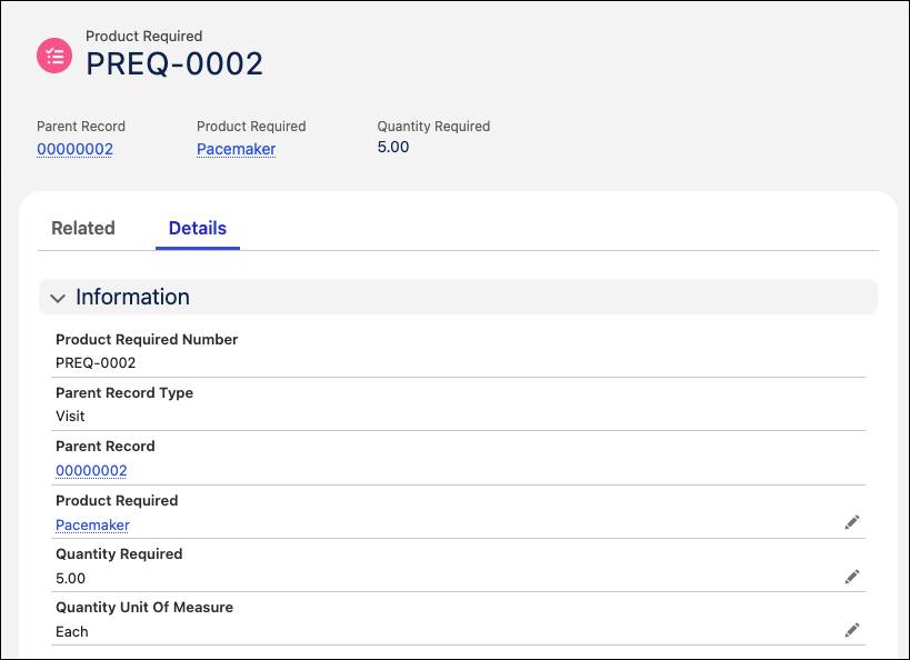 A Product Required record showing the association of a visit and a product.