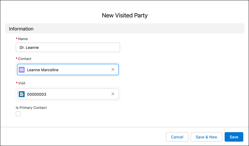 The New Visited Party page showing the contact details of Leanne Marceline.