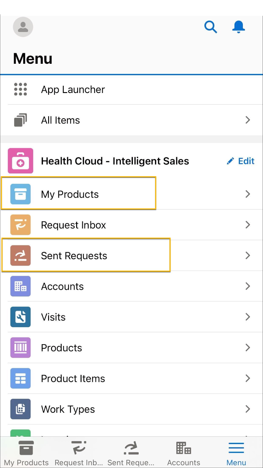 The Request Transfer action on the Life Sciences Cloud - Intelligent Sales mobile app.