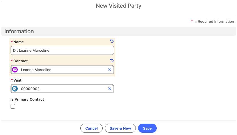 The New Visited Party page showing the contact details of Leanne Marceline.