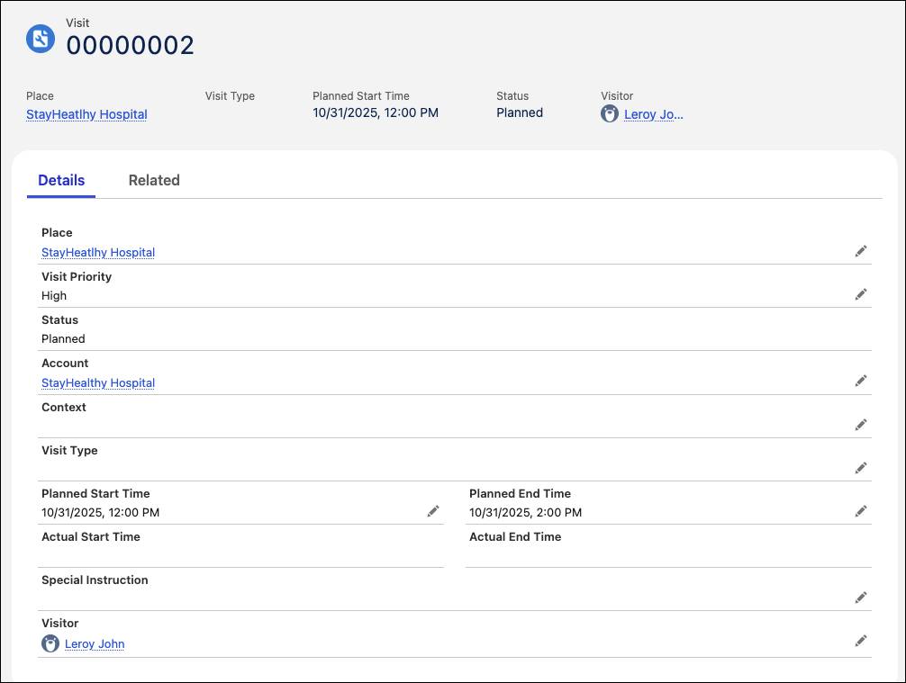 A Visit record showing details of a visit to StayHealthy Hospital.