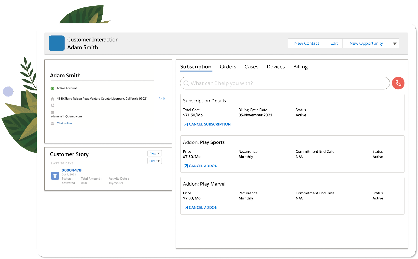 A CSR view of the agent console for a specific subscriber.