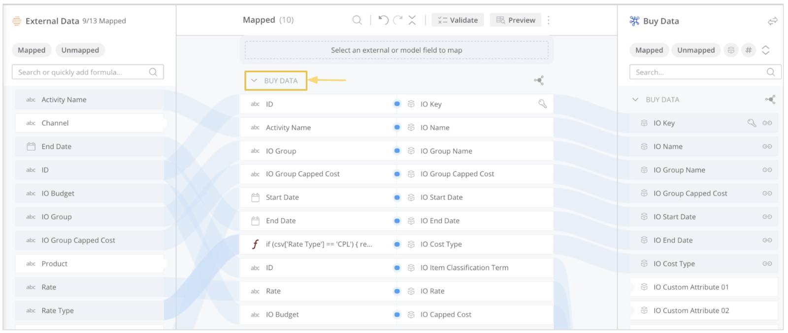 MTC で IO を作成するために計画データのマッピングに使用される Buy Data ストリームタイプ