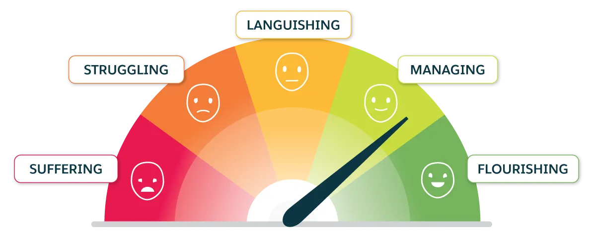 The mental health continuum is like a speedometer indicating whether you’re flourishing, managing, languishing, struggling, or suffering at any given time.