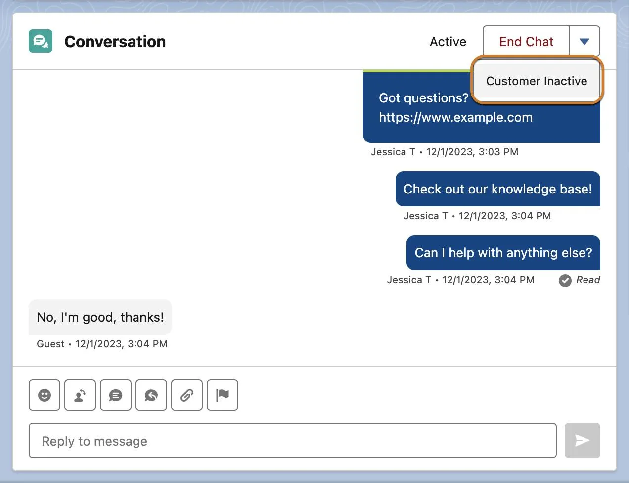 Enhanced conversation component with the Customer Inactive button highlighted.