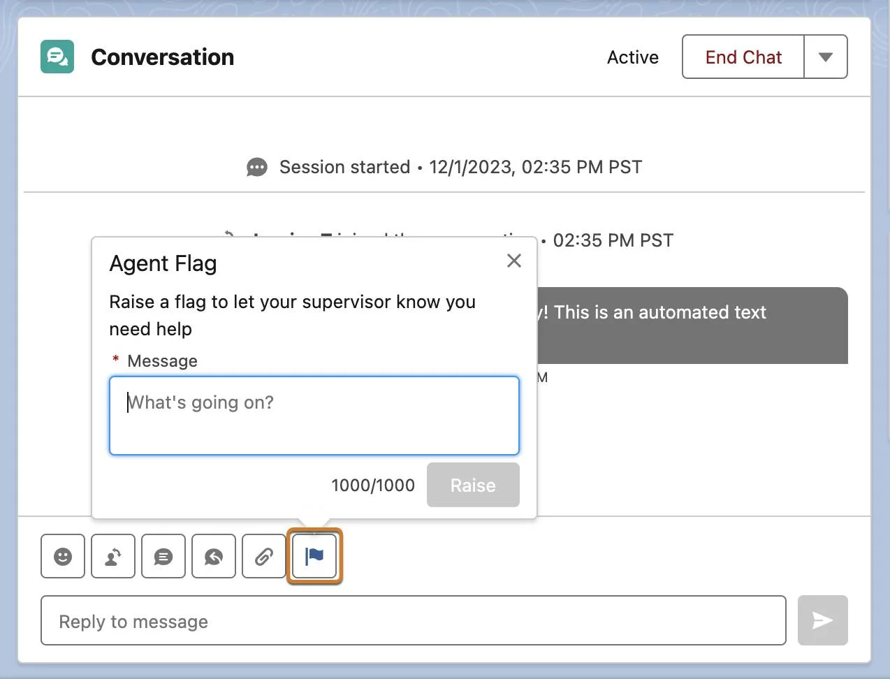 Enhanced conversation component with the Raise Flag button highlighted.