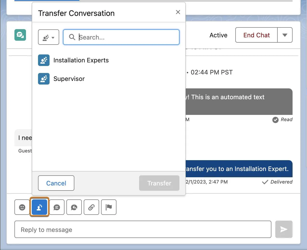 Enhanced conversation component with the Transfer button highlighted.