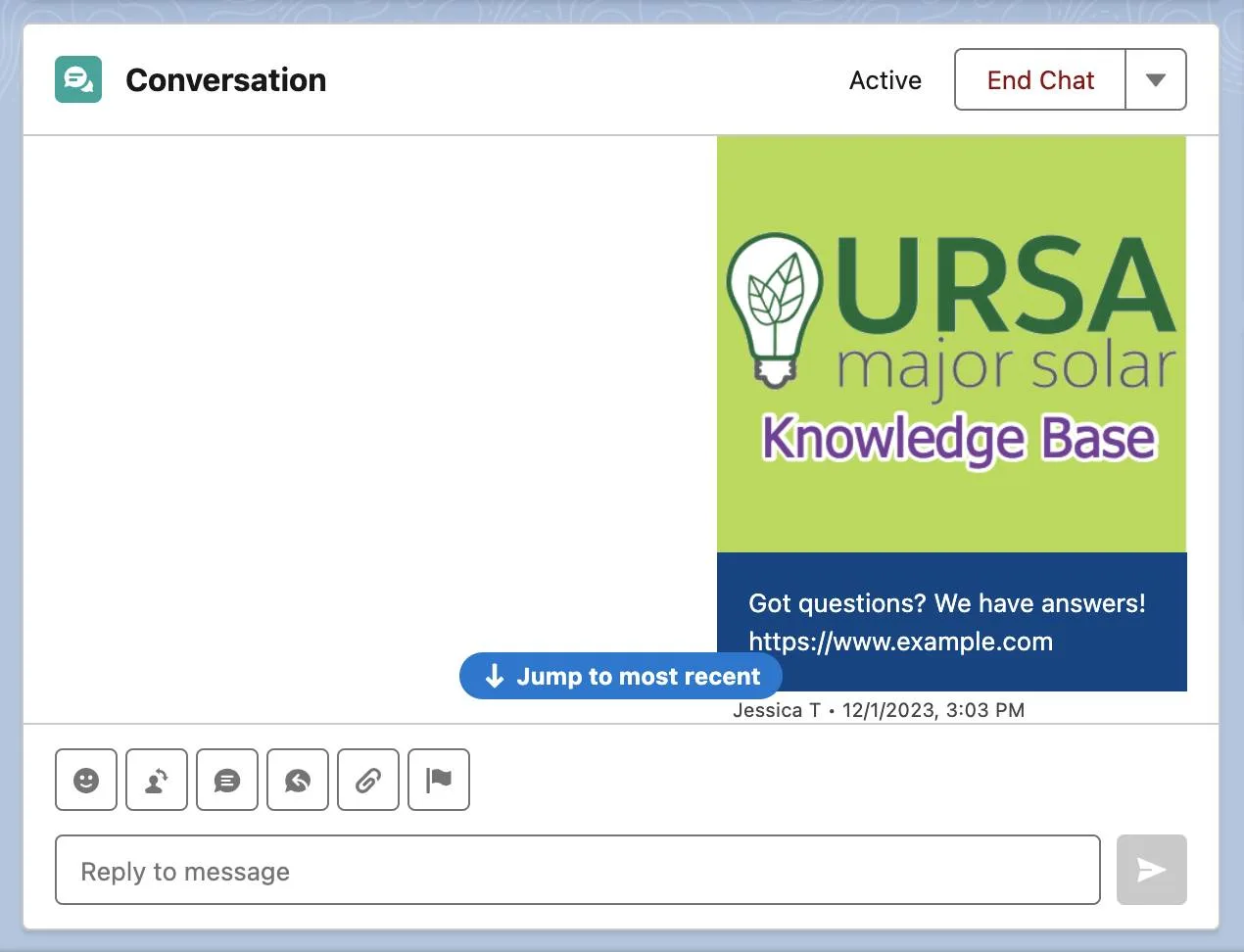 Enhanced conversation component showing what a messaging component looks like to an agent