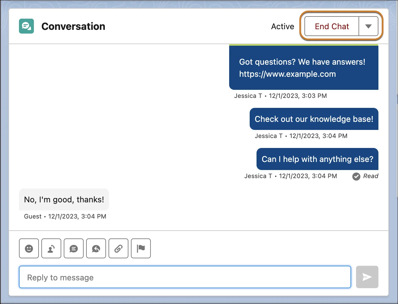 Enhanced conversation component with the End Chat button highlighted.