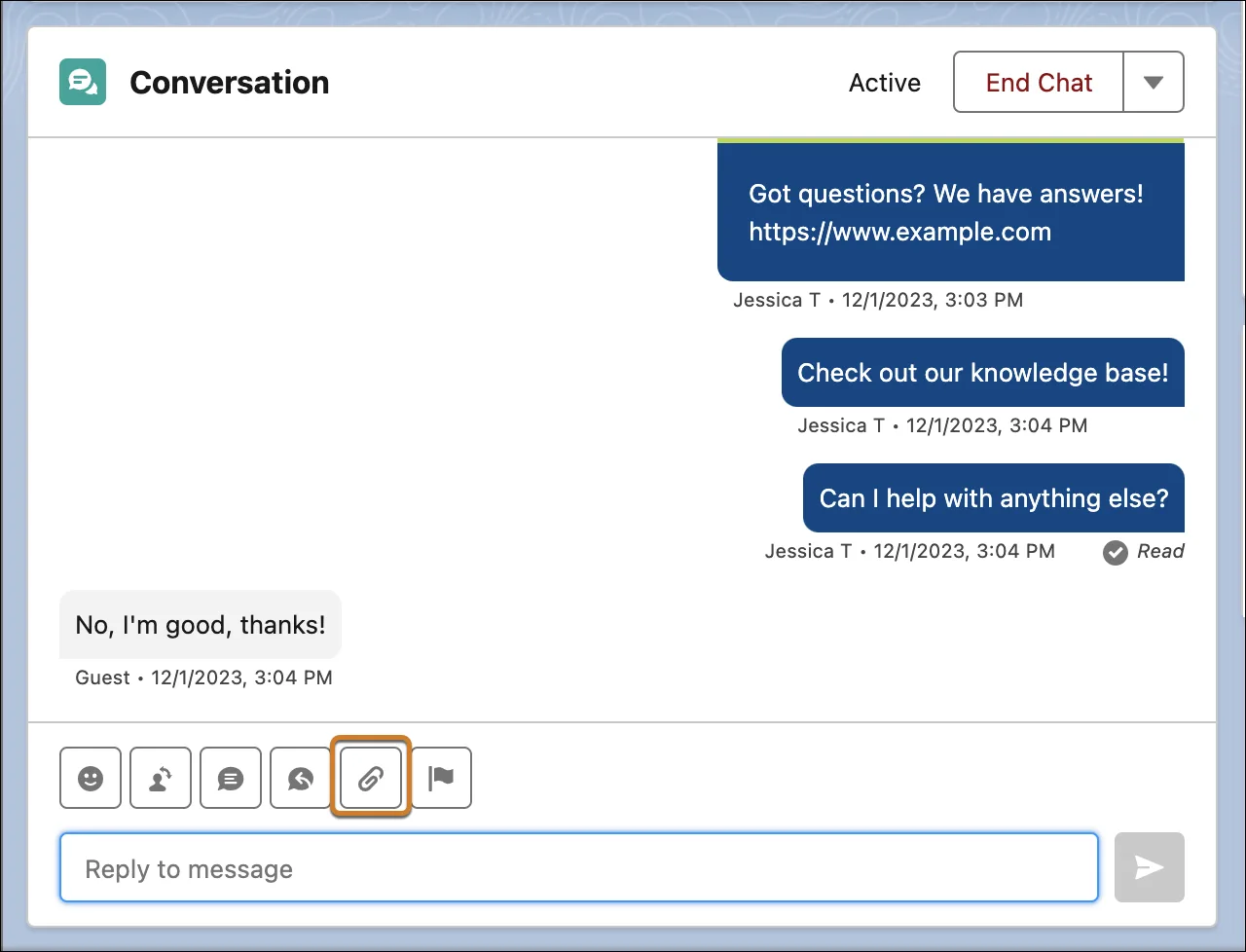 Enhanced conversation component with the Attachments button highlighted