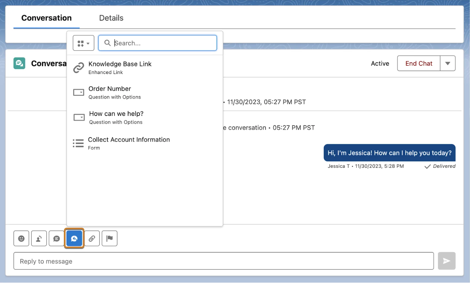 Enhanced conversation component with the Messaging Components button highlighted